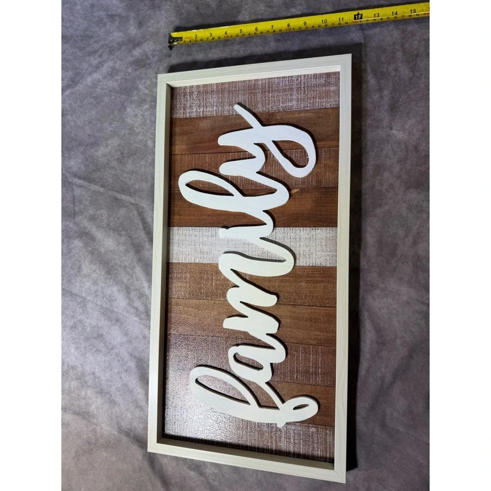 Rustic Family Wood Wall Decor Farmhouse Sign Brown White Script 12x24 Frame